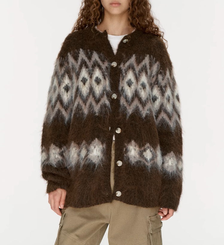Winter atmosphere wool cardigan, jacquard pulling craft loose Fair Island sweater jacket