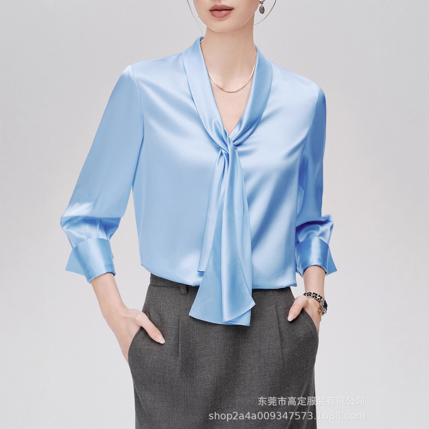 Haute couture imported acetic acid, heavy streamer, long-sleeved top, feminine gloss shirt, professional commuter dress, senior