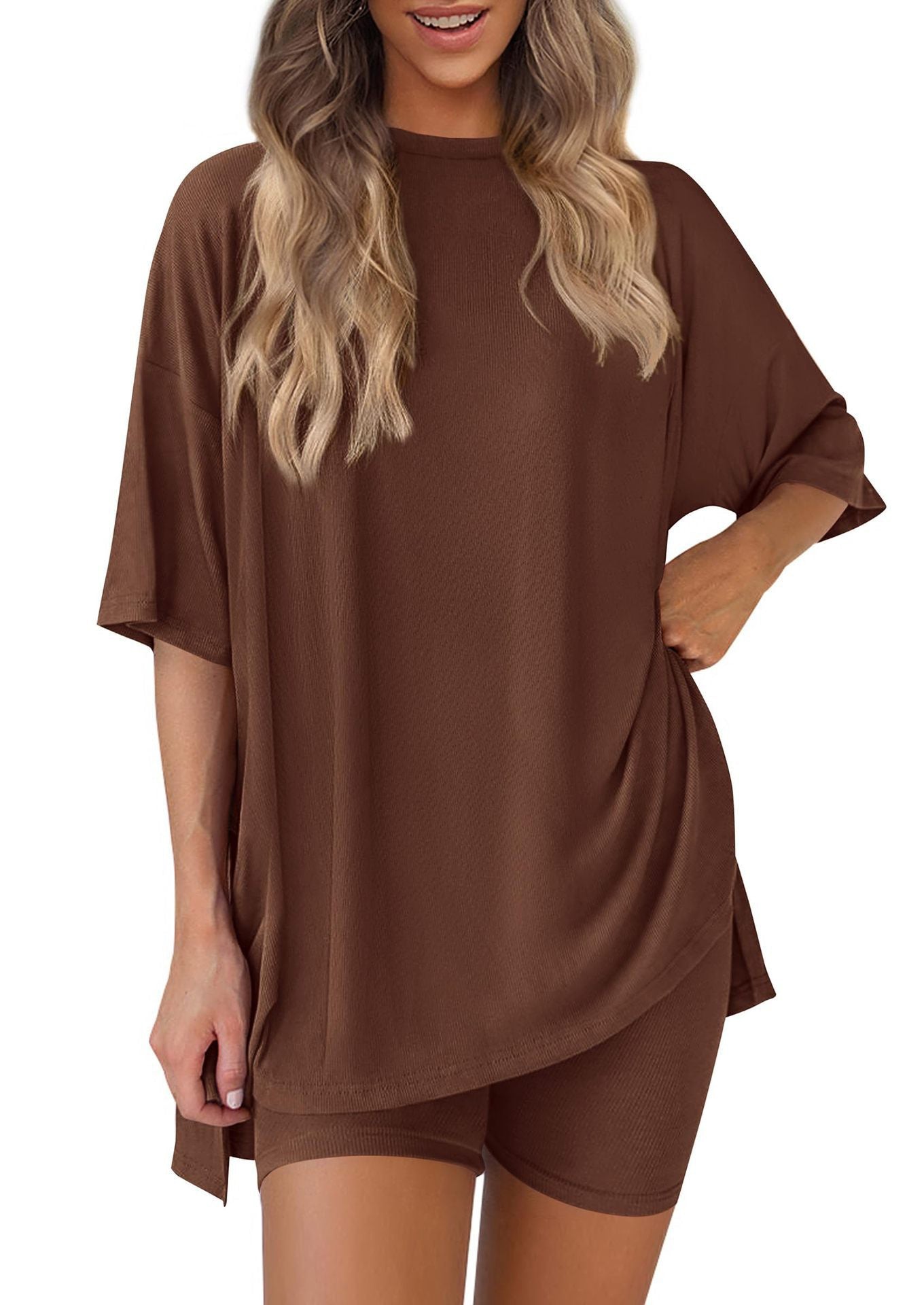 2025 summer new cross-border Europe, America, Amazon foreign trade fashion casual solid color loose women's pajama set