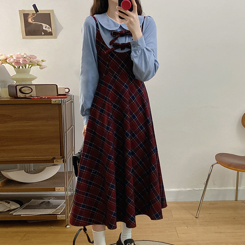 Autumn and winter retro college style niche design sense fake two-piece plaid dress women's waist thin gentle temperament skirt