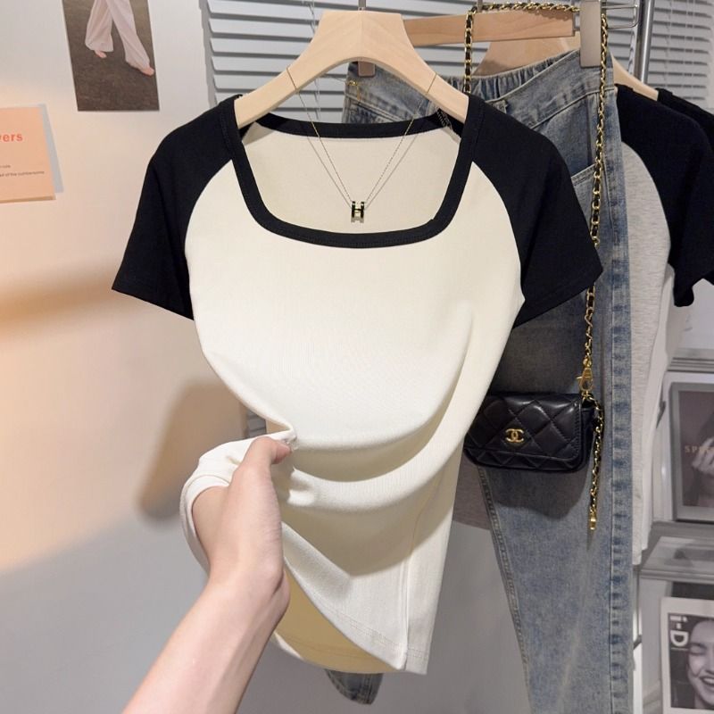 Dark gray square neck top women's design summer short-sleeved t-shirt slim-fitting and thin inner shoulder basic bottoming shirt