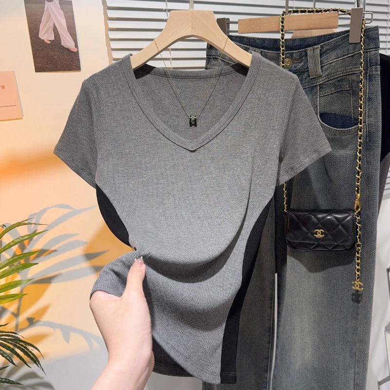 European color matching V-neck short-sleeved T-shirt women's summer new ice silk bottoming shirt with fashionable high-end trend top