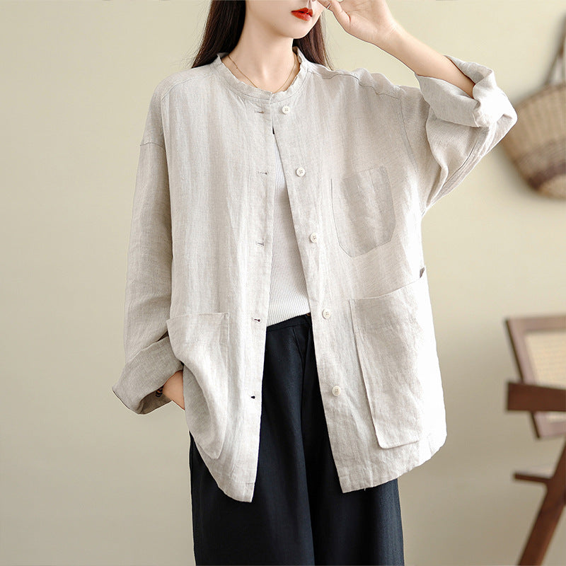 Real shot 2025 autumn new cotton and linen literary loose tooling round neck simple casual top jacket women
