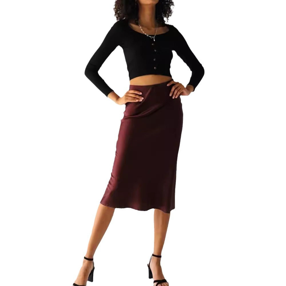 Burgundy Japanese imported acetic acid satin high-end sense a-word fishtail skirt women's spring and summer short medium and long skirt