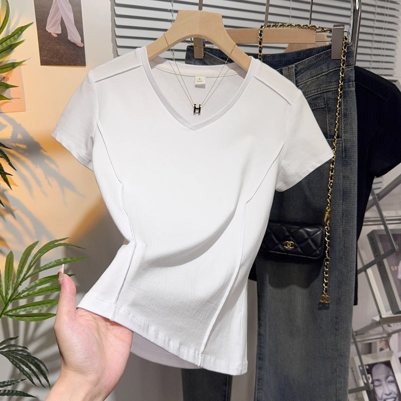 High-end fish bone pattern V-neck T-shirt for women's 2025 new short-sleeved European products, cold silk, cool temperament, thin and chic top