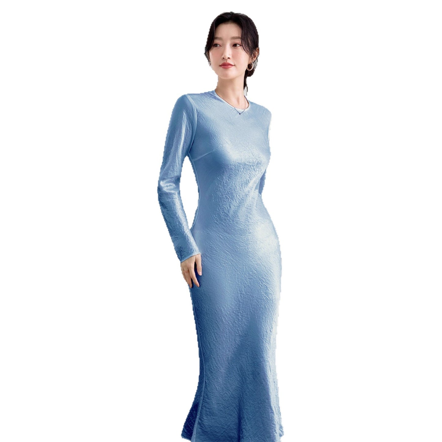 Haute couture 100% acetic acid, spring and autumn French elegance temperament fashionable pole extreme sense satin pleated long-sleeved dress women