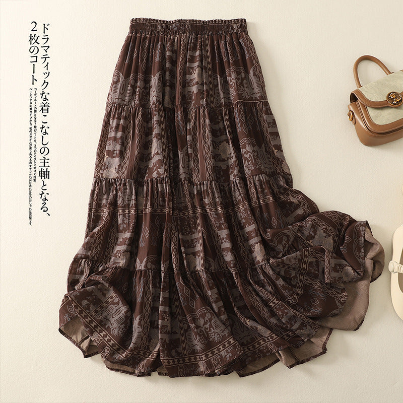 Real shot 2025 summer new loose literary and ethnic style floral elastic waist cake skirt skirt women