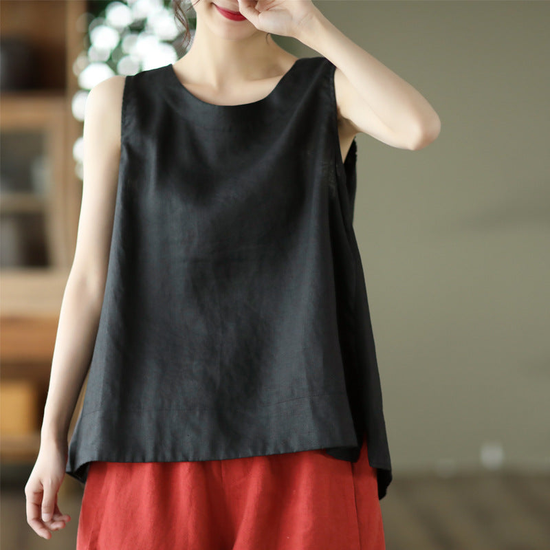 Summer 2024 New Literary Loose Solid Color Crew Neck Sleeveless Vest Women's Top #3702