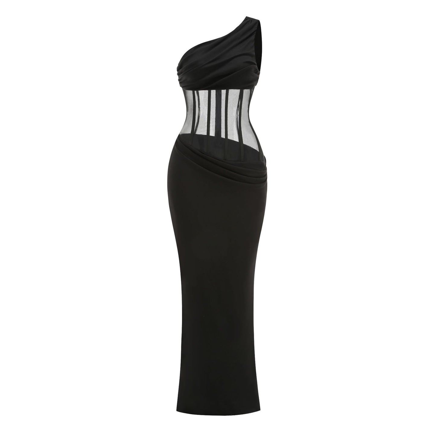 Cross-border European and American stars have the same women's temperament, one-shoulder party evening dress, high-end mesh fishbone waist dress