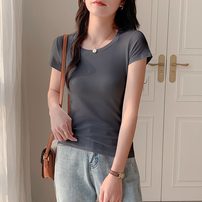 U-neck white versatile short-sleeved T-shirt women's American slim-fitting half-sleeved top low-necked bottoming shirt slim-fitting