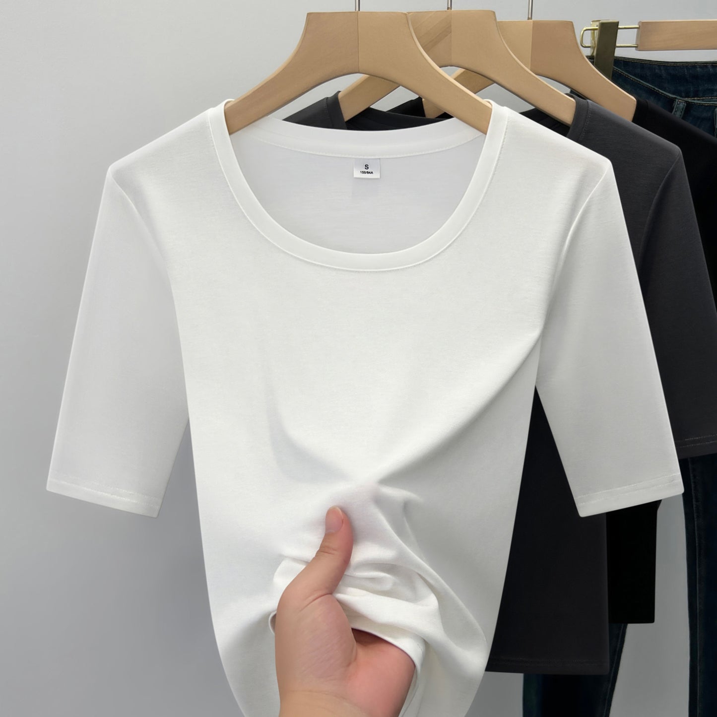 Tencel white semi-turtleneck bottoming shirt women's 2025 new slim-fitting and thin shoulder T-shirt spring and summer mid-sleeved top trendy