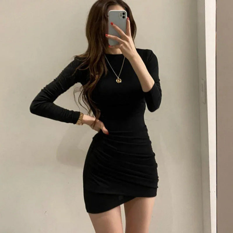 Korean autumn and winter tea pleated long sleeves hip-hugging short skirt age-reducing temperament waist slimming hot girl tight dress