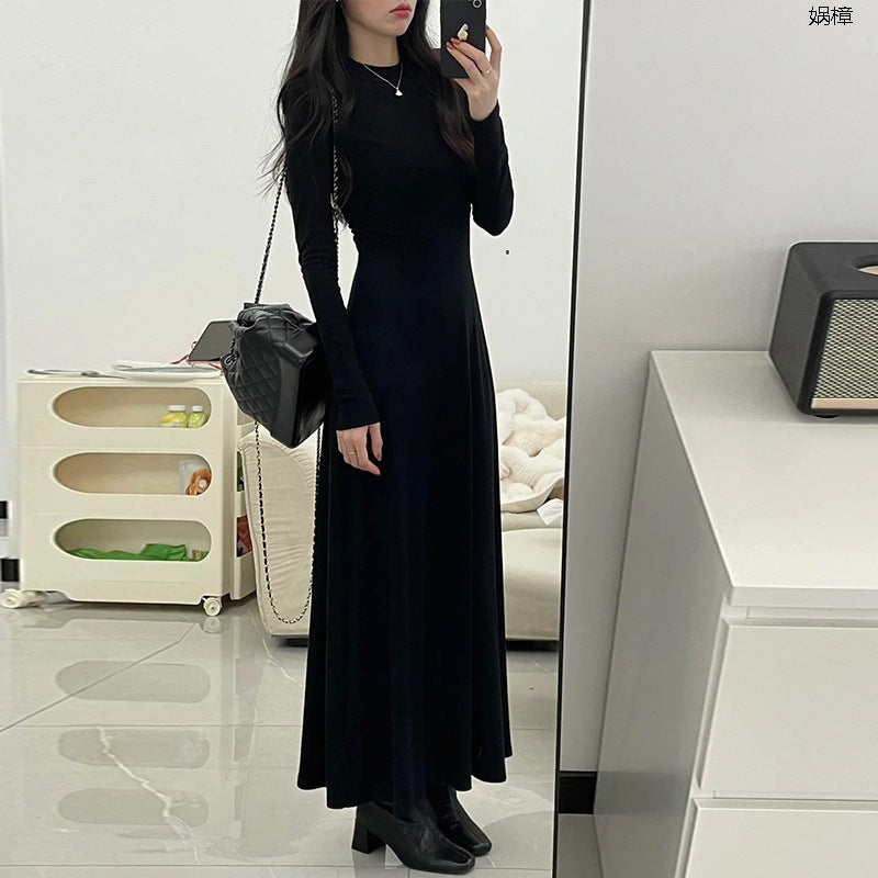 Hepburn style black long-sleeved primer dress, children's autumn and winter French temperament, waist slim fit, long dress inside