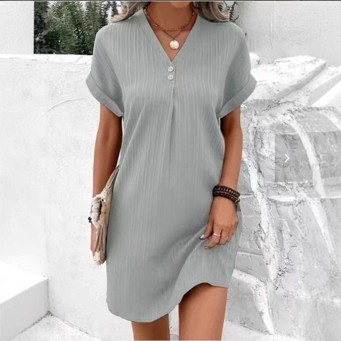 Cross-border European and American women's clothing 2025 new Amazon V-neck solid color pullover comfortable and casual button dress