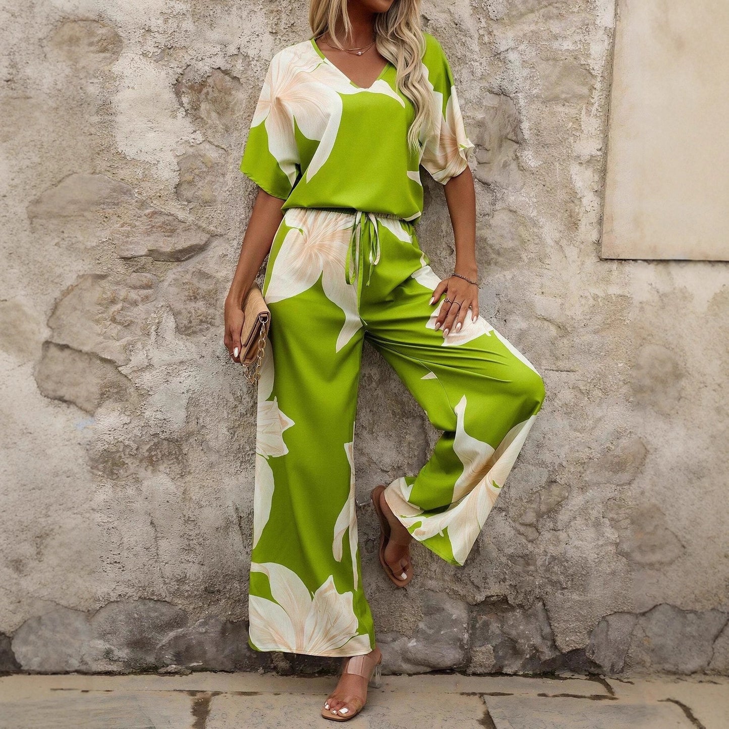 2025 European and American cross-border Amazon spring and summer new printing light fashion comfortable casual suit short sleeve