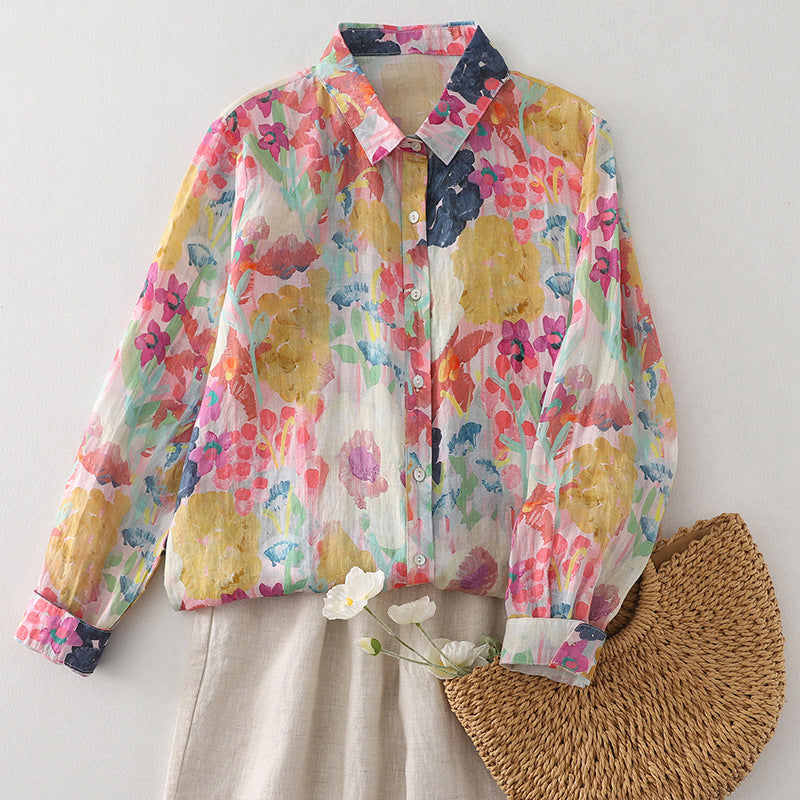 Real shot Spring 2025 new cotton and linen floral French niche printing long-sleeved shirt blouse #1077
