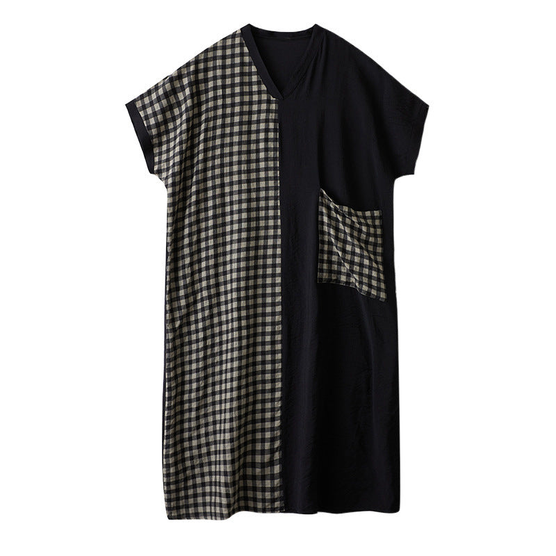 Real shot 2025 summer thin cotton and linen printing thin V-neck short-sleeved contrasting color splicing black long dress length 133