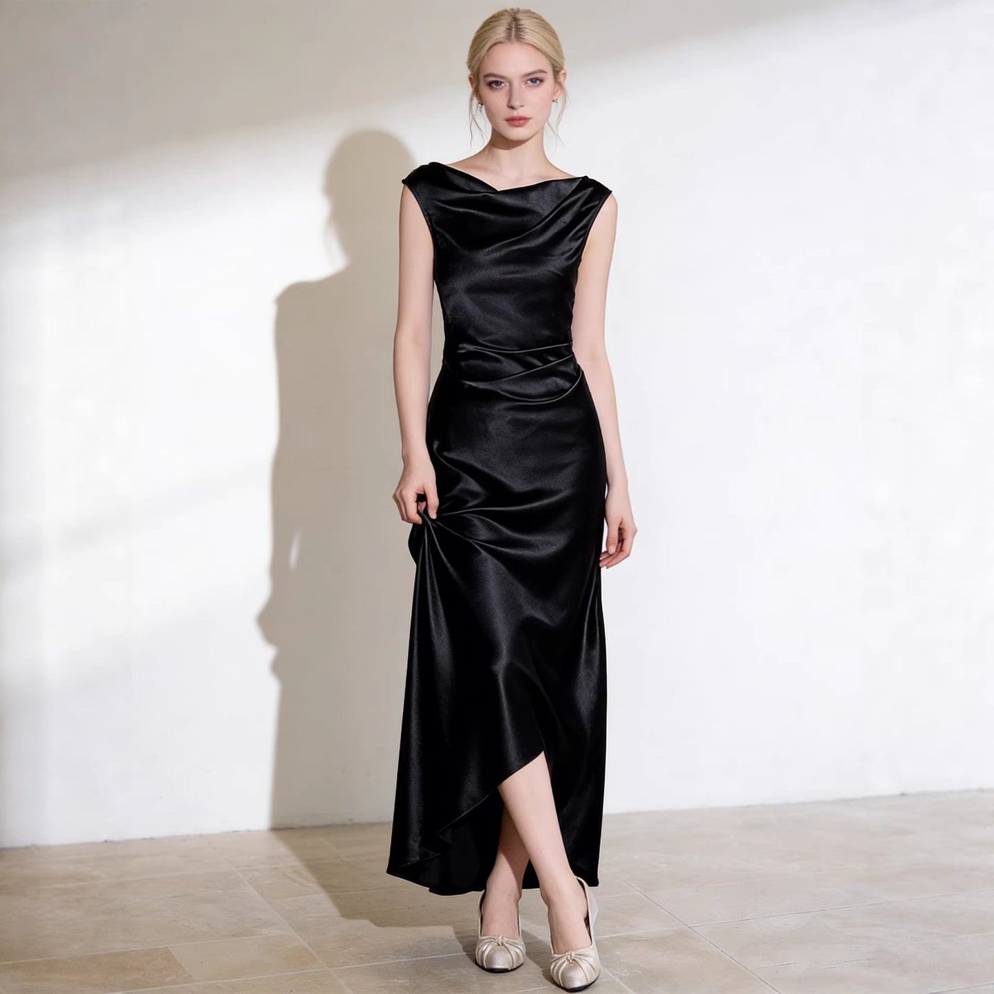 Haute couture French swing collar high sense design sense satin acetate seaside vacation wedding party dress dress women