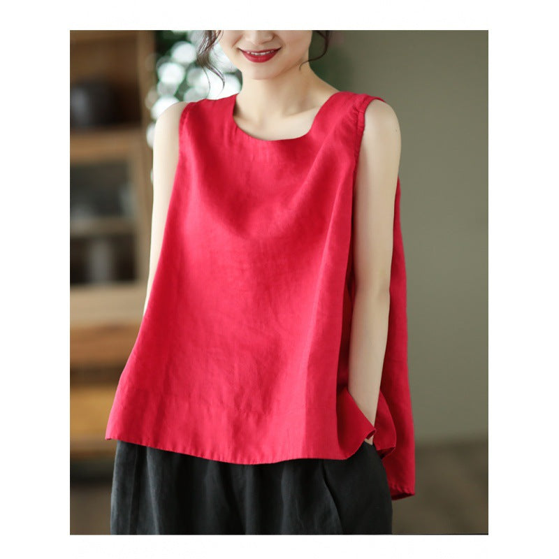 Summer 2024 New Literary Loose Solid Color Crew Neck Sleeveless Vest Women's Top #3702