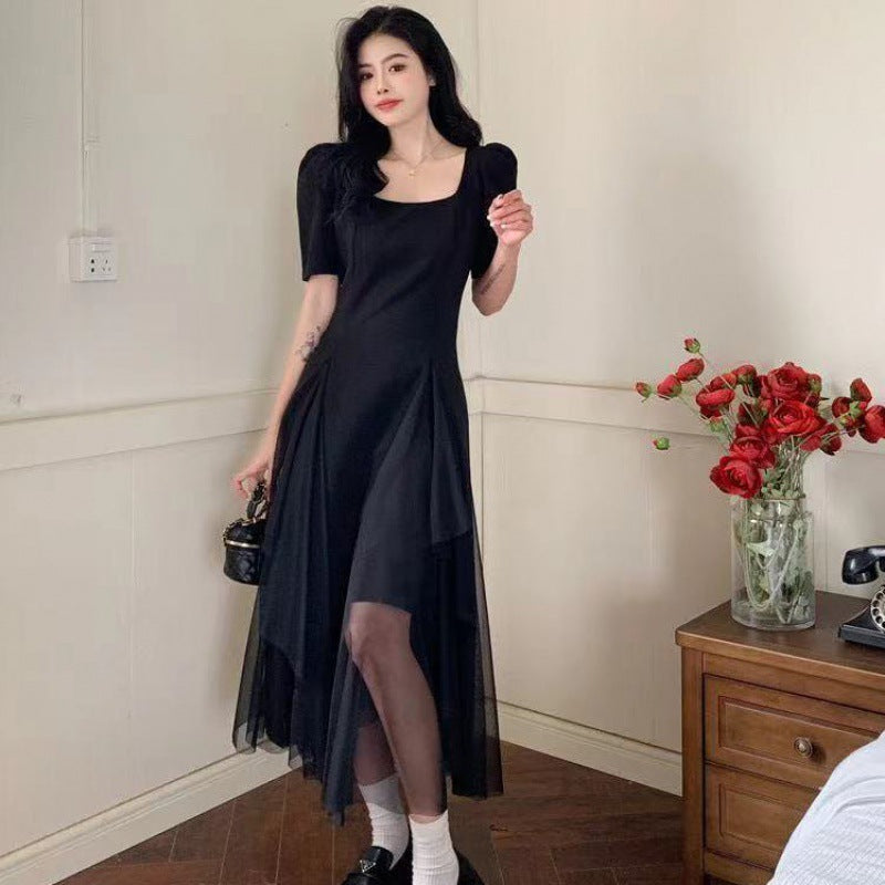 Large size belly covering irregular mesh Hepburn style long dress female summer fat sister retro thin square neck small black dress