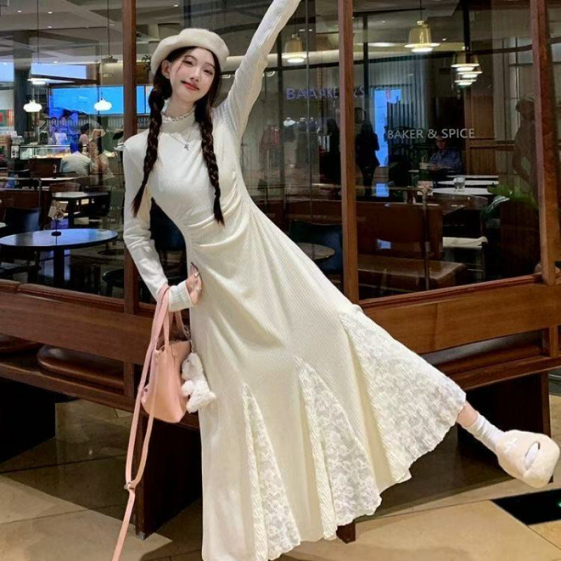 Small knitted dress autumn and winter long-sleeved lace splicing fishtail skirt waist half-high neck inner skirt