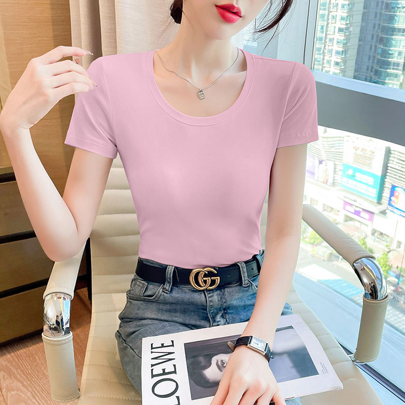 Lotus root pink short-sleeved t-shirt women's pure cotton high-end sense, unique and beautiful waist pinch and thin short slim-fitting front shoulder top