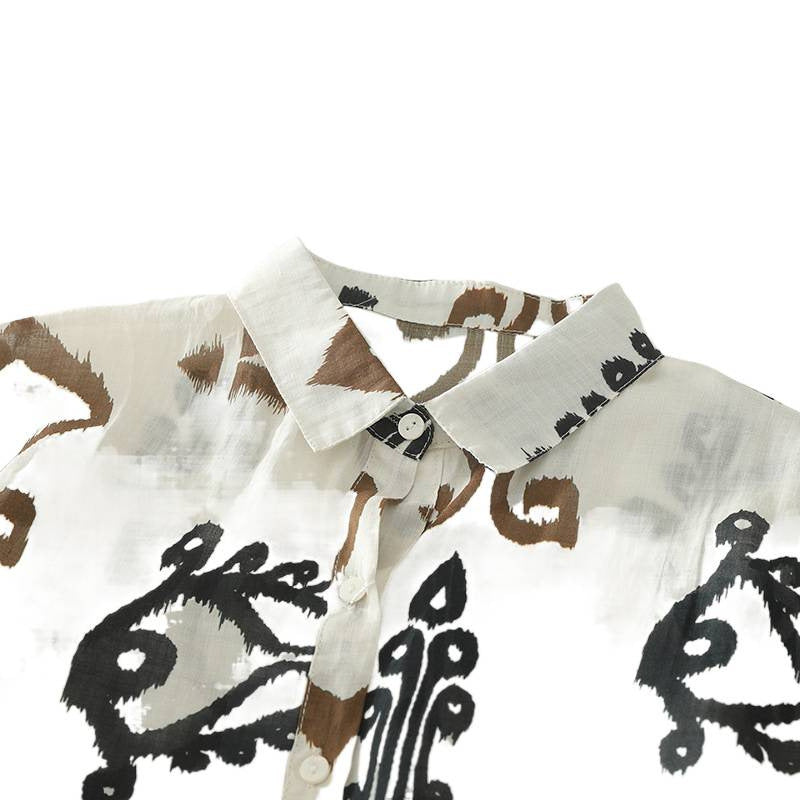 2025 early autumn new cotton and linen literary and retro loose printing long-sleeved shirt top women