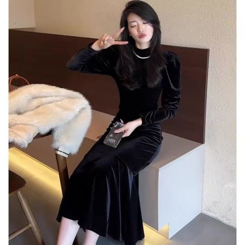 2026 autumn/winter new primed French temperament high-end figure black Korean velvet dress for women