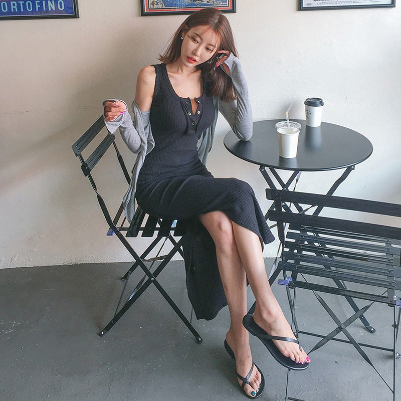 Vest dress 2026 summer suspender long dress sleeveless solid color excellent cotton waist thin tight temperament button skirt