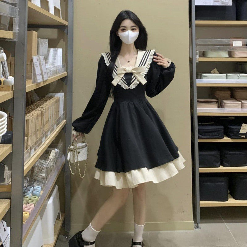 Navy collar long-sleeved Hepburn style dress autumn 2025 new women's tutu dress sweet flesh-covering black skirt