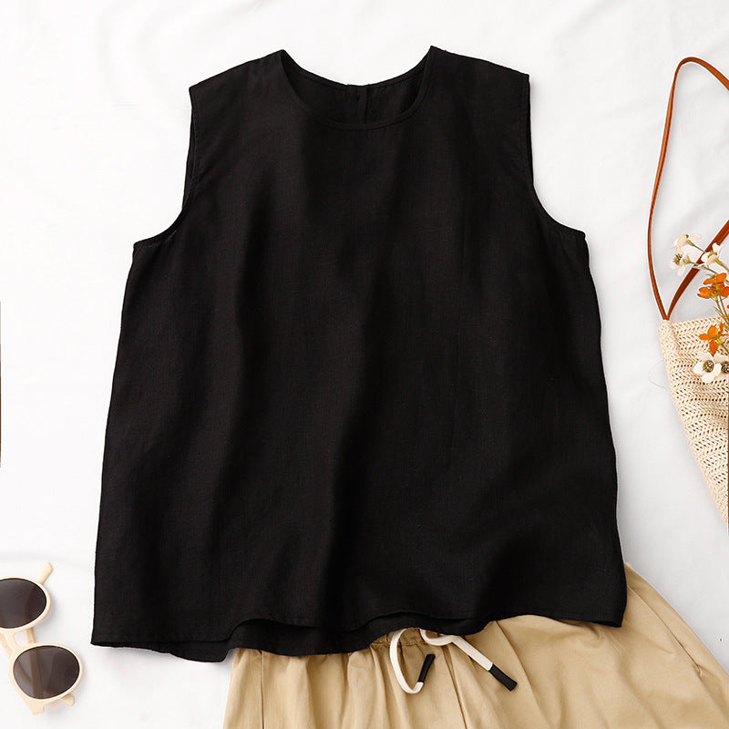 Real shot 2025 summer new literary loose solid color cotton and linen round neck sleeveless T-shirt women's vest top #9023