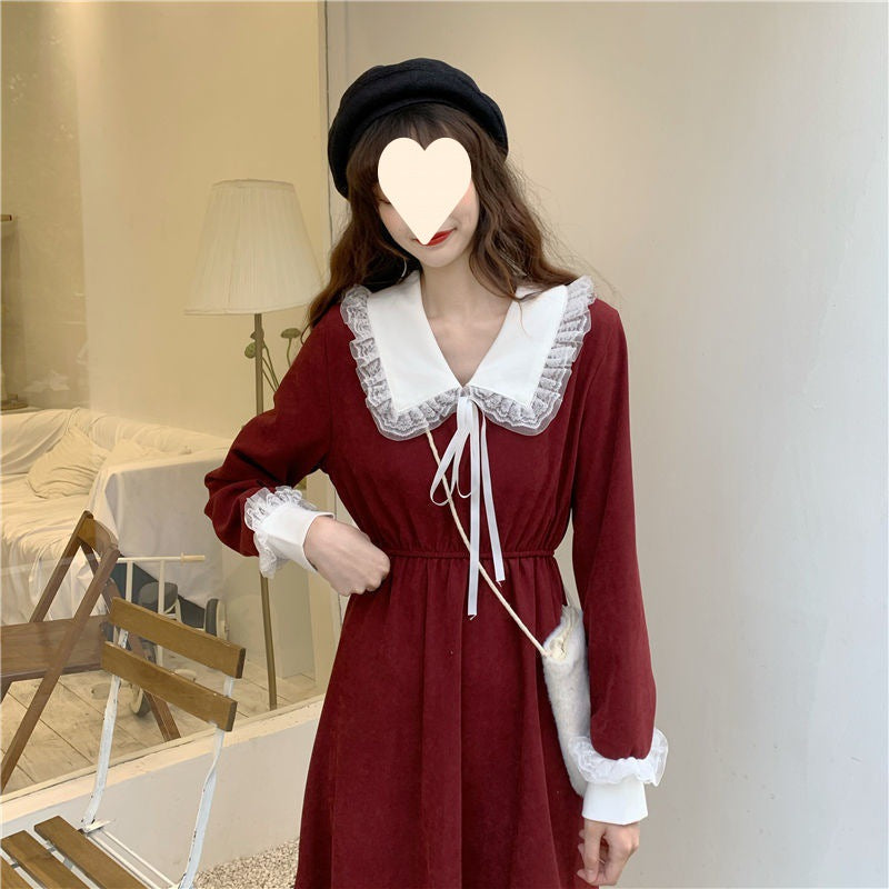 New Christmas Fall Winter French Dress Women's Red Waist Slim Long Sleeve Hepburn Dress Plus Size