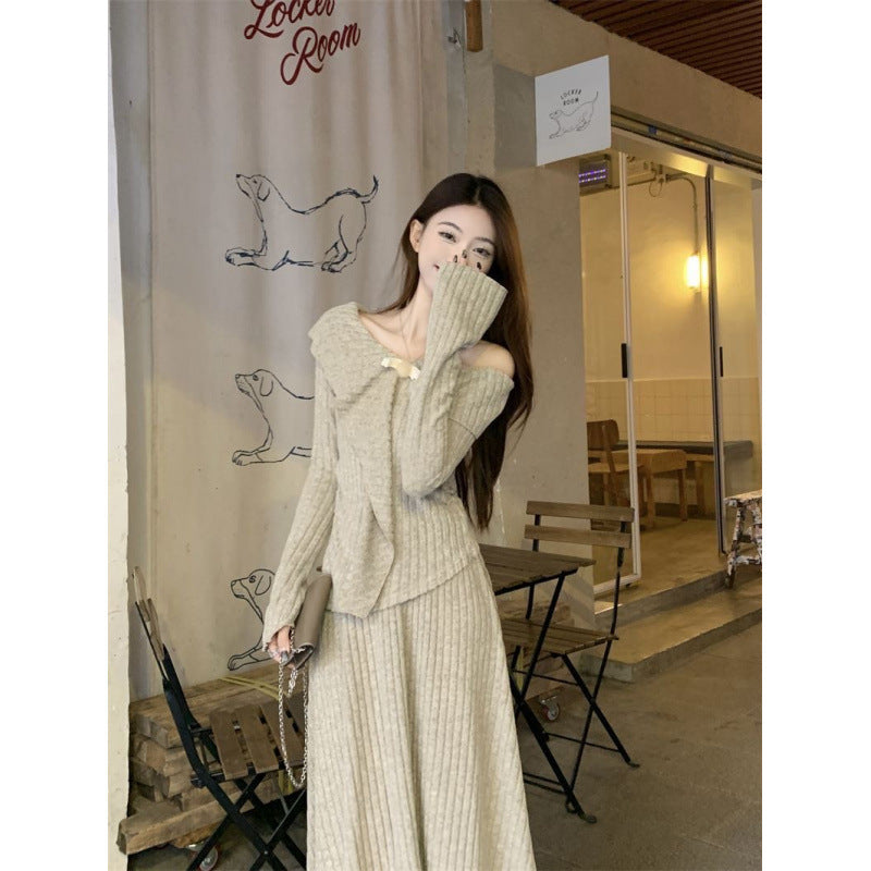 French suit irregular temperament knitted top high waist skirt women's spring and autumn two-piece set high sense thin