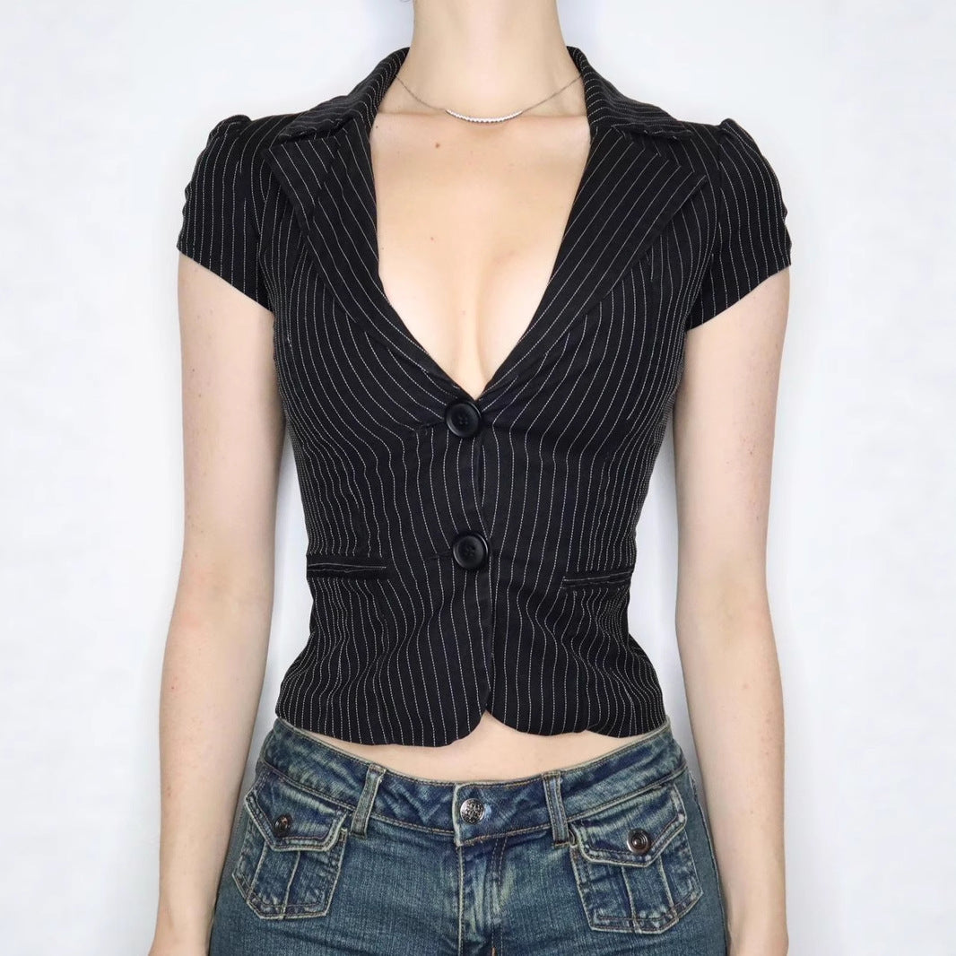BM American Spice Girl Deep V Lapel Striped Shirt Two Button Cardigan Waist Short Sleeve Commuter Basic Suit