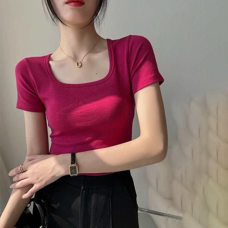 Selection of high-elastic threaded foreign gas square neck T-shirt women's short-sleeved 2026 summer new slim-fitting and thin bottoming shirt