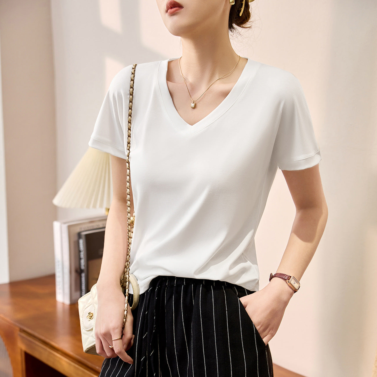 #Tencel lyocell cotton, Zhen quality #loose and thin white short-sleeved t-shirt women's summer new V-neck versatile top