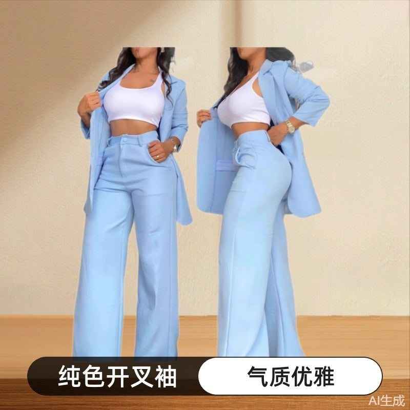 Cross-border 2025 European and American foreign trade summer women's clothing temperament elegant solid color split sleeve lapel suit straight pants suit women