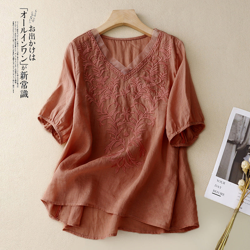 Real shot 2024 summer new cotton and linen embroidered literary and retro top T-shirt women