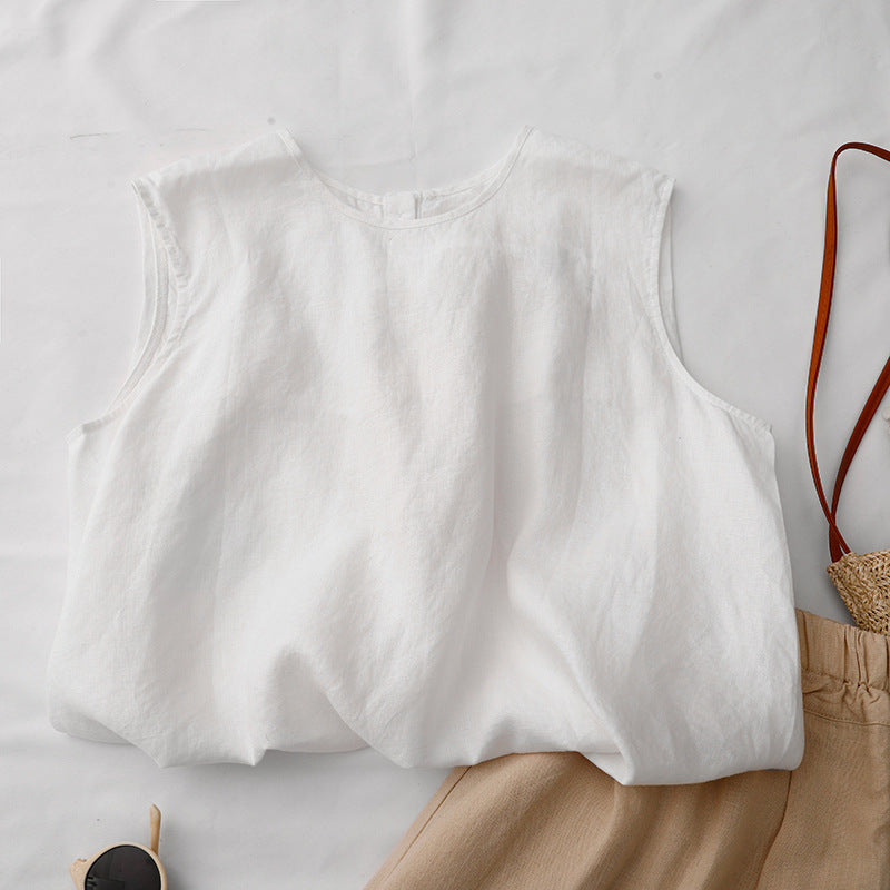 Real shot 2025 summer new literary loose solid color cotton and linen round neck sleeveless T-shirt women's vest top #9023