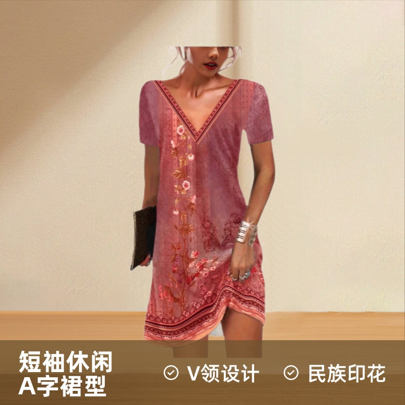 2025 Amazon Temu spring and summer European and American cross-border women's clothing new celebrity style printing casual V-neck short-sleeved dress