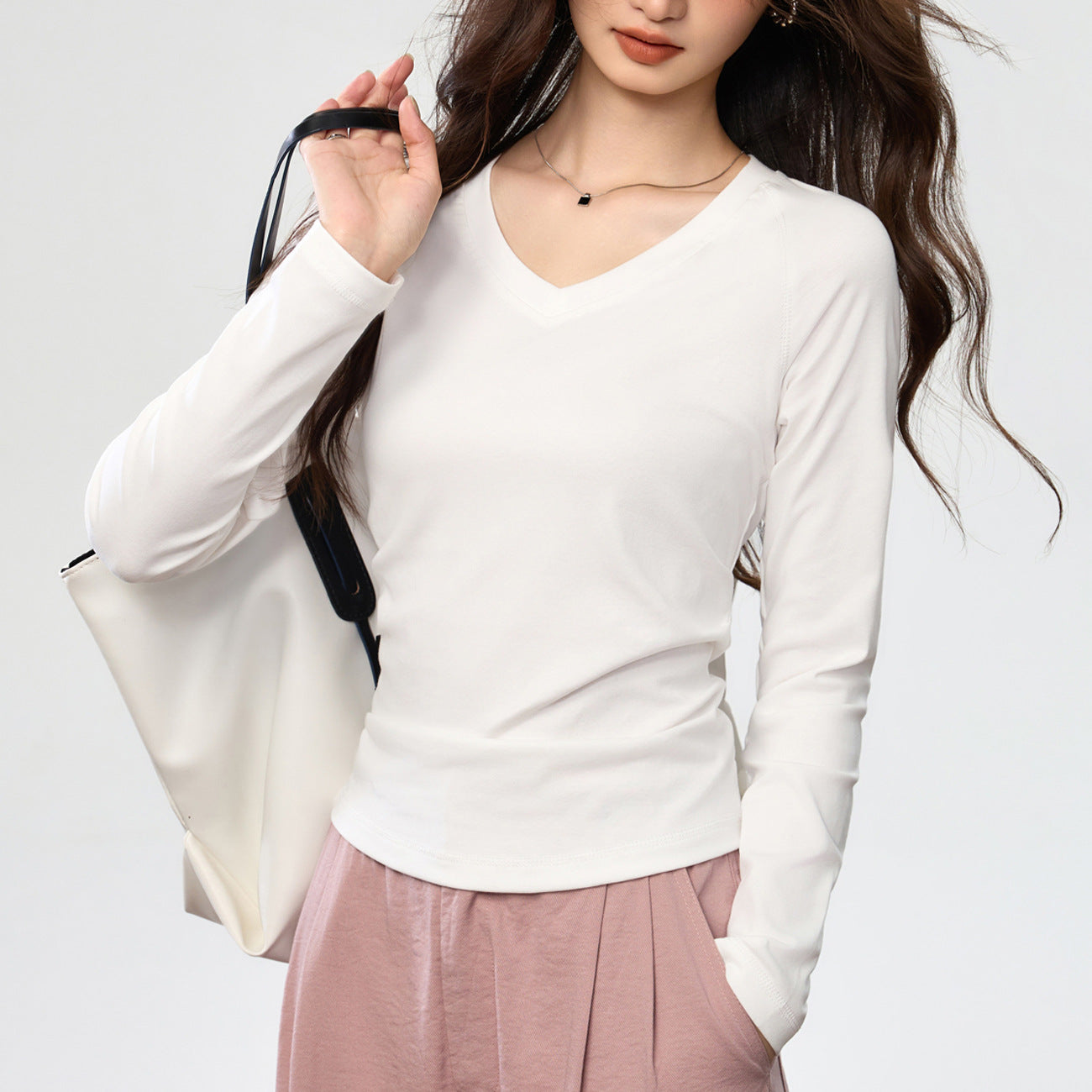 #Combed pure cotton #Bright line design sense shoulder sleeves V-neck T-shirt women's long sleeves wrinkled waist thin early autumn top