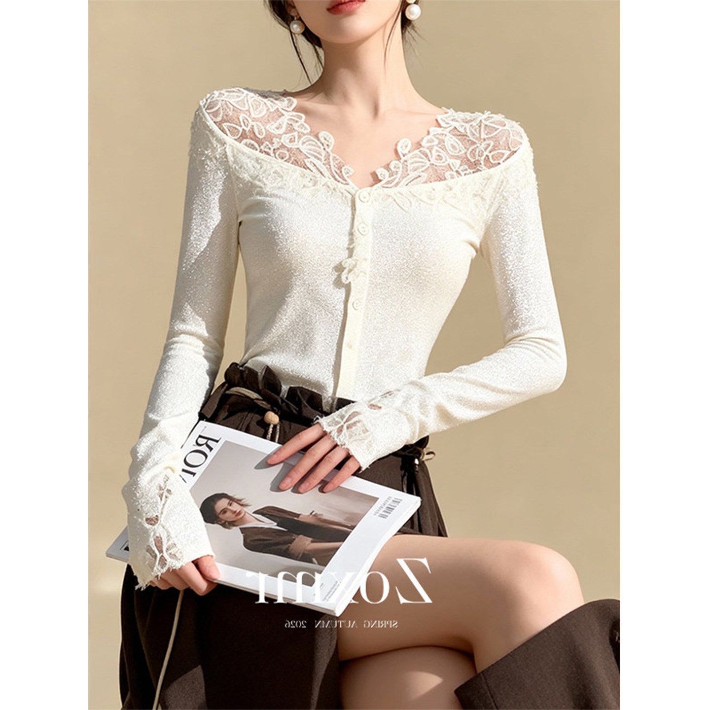 Unique, beautiful and good-looking top design sense irregular three-dimensional cutting v-neck white knitted cardigan women's spring