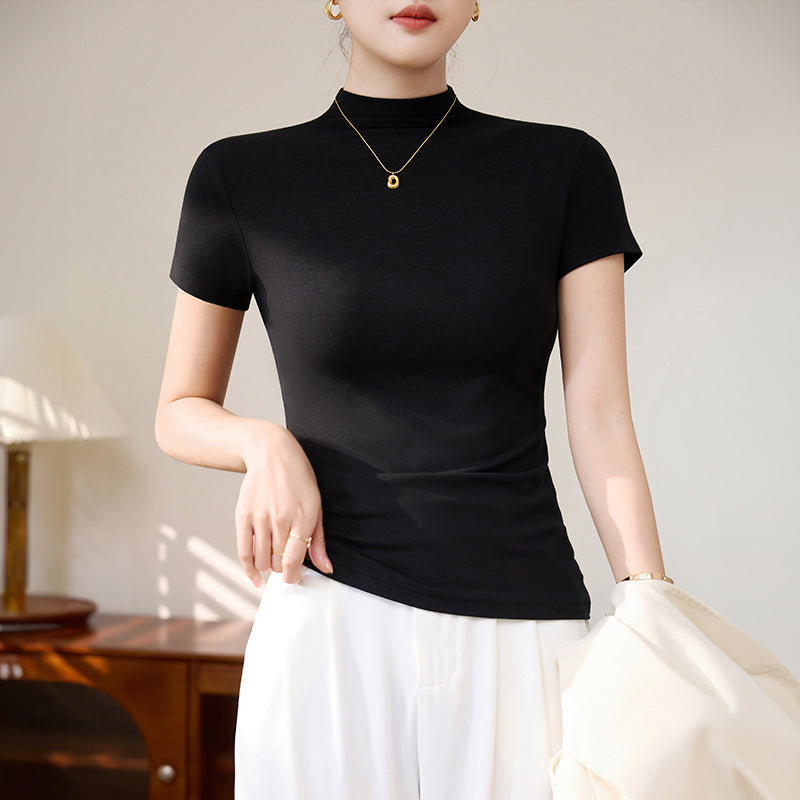Straight shoulder short summer wear Korean base shirt short-sleeved T-shirt women's 2025 slim slim and sweet and spicy top