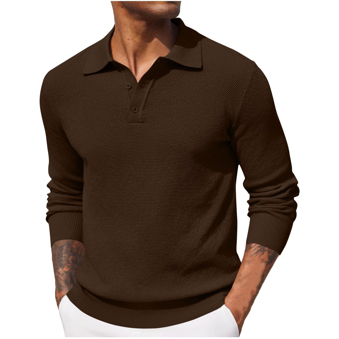 2025 autumn new Amazon popular cross-border casual men's top long-sleeved V-neck button-up POLO shirt