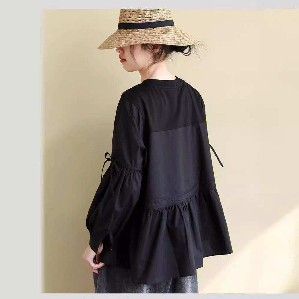 2025 spring new literary loose splicing solid color round neck long-sleeved T-shirt women's lace-up doll shirt top 6232 #