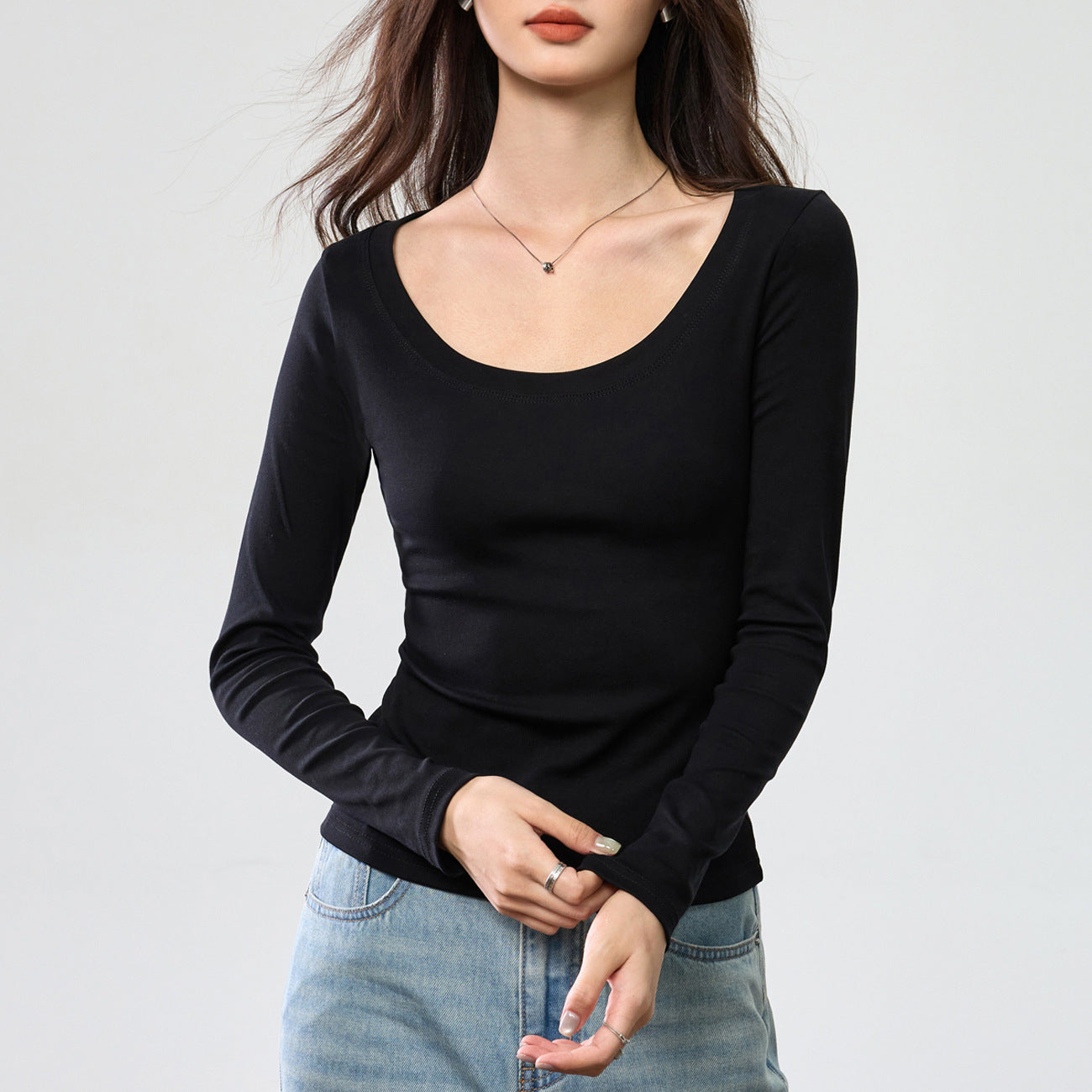 Combed pure cotton bottoming shirt women's autumn new foreign style U-neck long-sleeved t-shirt slim-fitting versatile simple solid color inner top
