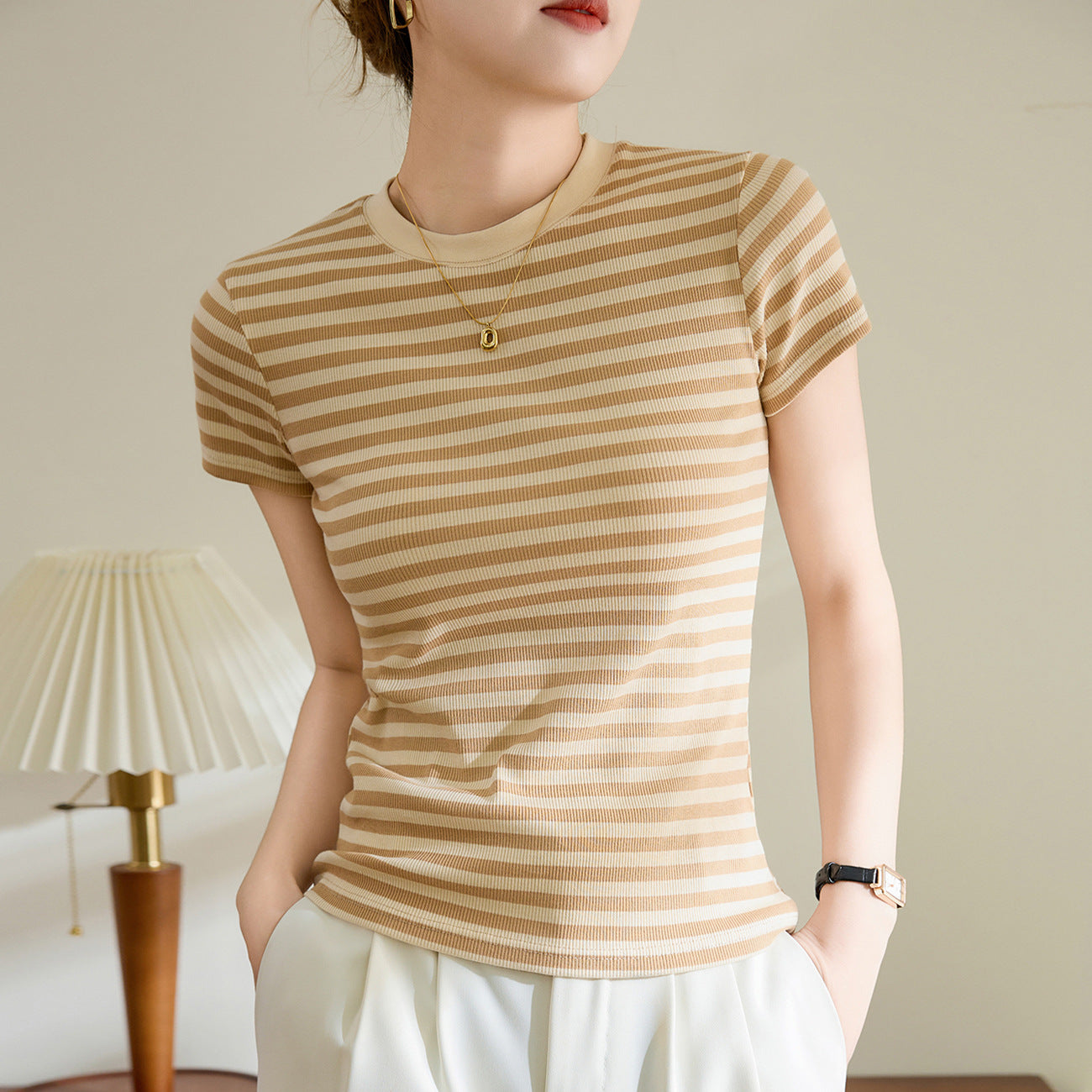 [Use good materials] Striped T-shirt women's summer short-sleeved 2026 new pure cotton retro top slim-fitting and thin bottoming shirt