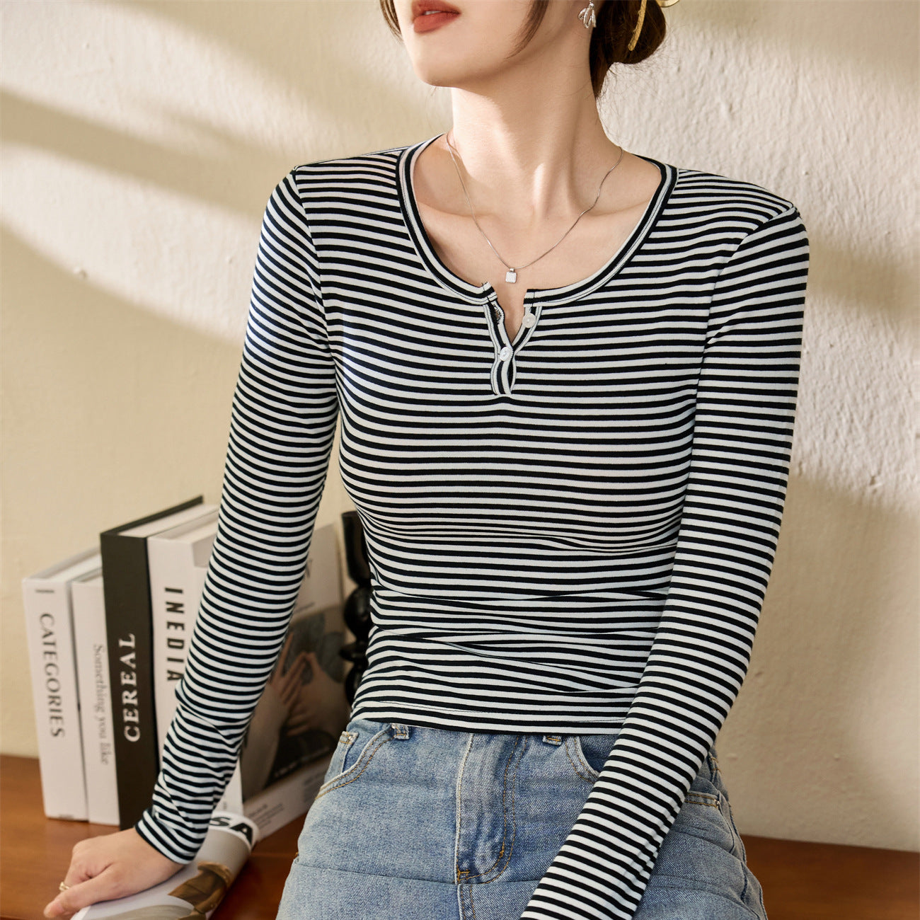 #Selection of high-quality products #pure cotton T-shirt women's striped long-sleeved top 2026 autumn and winter new high-end foreign-style bottoming shirt