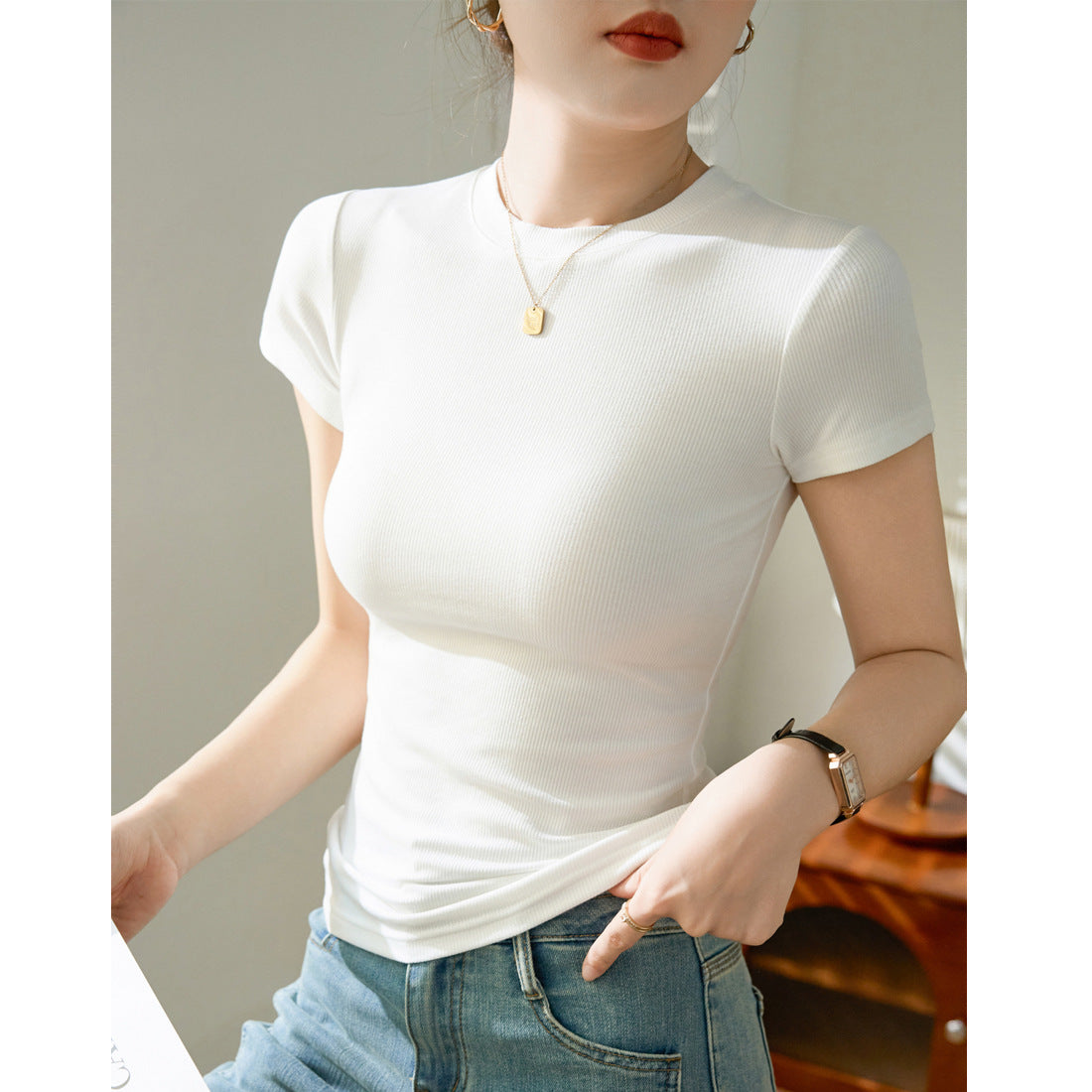 & Use good materials & high elastic cotton tight short-sleeved T-shirt women's summer 2026 new versatile top, thin crew neck bottoming shirt