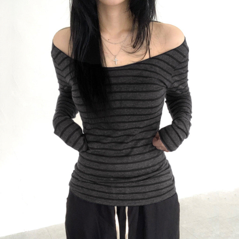 Love cloth forget slanted shoulder striped light and slim long-sleeved T-shirt sexy off-shoulder simple versatile and thin casual top